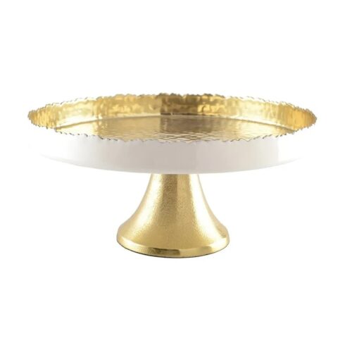 Aulica - Vassoio rotondo martellato bianco e oro su piede 30x30x12,5 cm